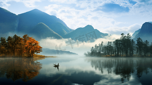 线条远山摄影照片_秋天湖水远山风景