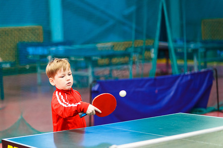 运动乒乓球摄影照片_孩子在健身房打乒乓球, 运动