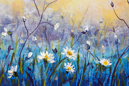 原始花卉油画野花, 洋甘菊--蓝色田野上的白色小花。florall 艺术品.