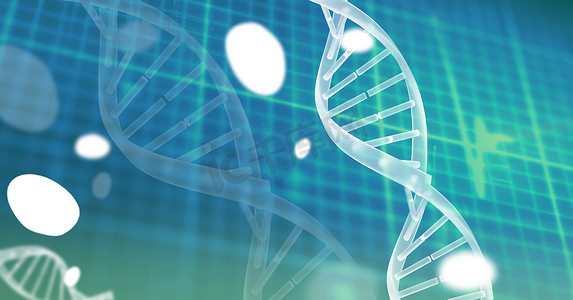 针对蓝光背景下的心率监测器，数字生成多个DNA结构的图像。医学研究和技术概念