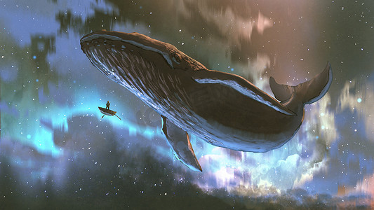 太空旅行的概念展示了一个人看着巨大的鲸鱼在美丽的天空中飞翔，数码艺术风格，插图绘画