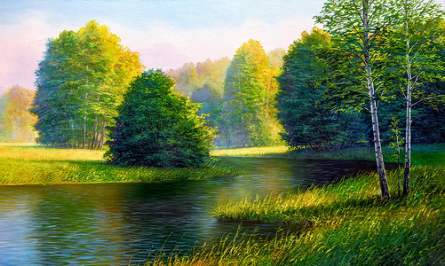 油画风景，夏天在河上.