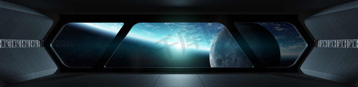 太空飞船未来的内部与看法在行星地球3d 渲染元素的这幅图片由 Nasa 提供