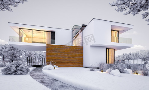 3d 现代舒适的房子由河与车库渲染。凉爽的冬季晚上, 温暖的阳光从窗口。背景优美的山脉出售或出租.