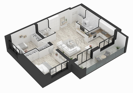 floor摄影照片_Floor plan of a home top view 3D illustration. Open concept living apartment layout