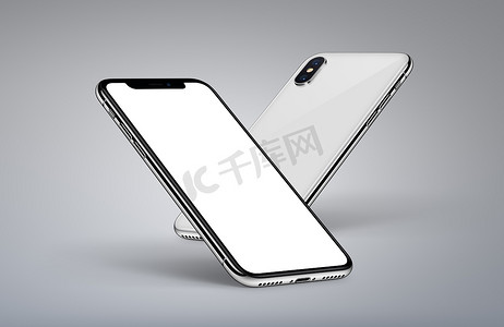 iphone表盘摄影照片_透视智能手机类似于 iphone X 模型背面和正面，在光线背景上带有白色屏幕