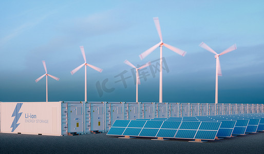可再生能源摄影照片_电池储能概念在尼斯早晨光.