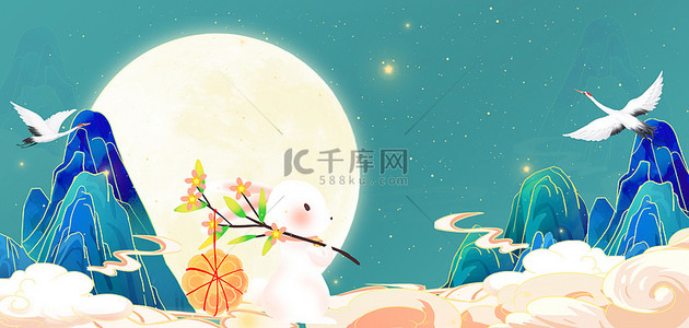 春季旅游海报模板背景图片_中秋节玉兔月亮墨绿色国潮风海报背景