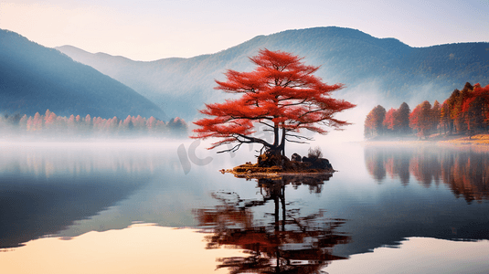 秋天湖水远山风景