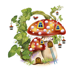 童话蘑菇屋,仙女和森林精神的家园,神奇的植物,白色背景上的孤立图像