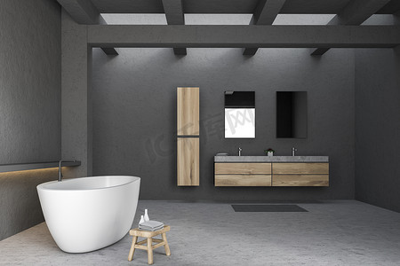 现代浴室的侧视图, 配有灰色的墙壁和地板, 白色浴缸和大理石双水槽站在木制台面上。3d 渲染
