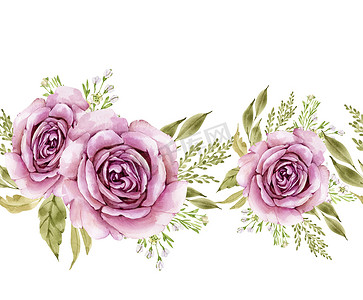 水彩艳丽的粉红色玫瑰花的无缝边框。白色背景手绘隔离，用于婚礼和请柬
