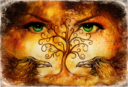 一对乌鸦与生命的象征树和绿色女性女神的眼睛在地平线上.