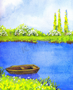 明亮的蓝色彩绘手绘抽象水彩画古帆画家素描日落场景在纸背景文字空间。在风景清澈的野生溪湾岸边观赏的人工灌木草坪花