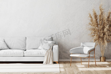 简约金摄影照片_浅色简约的客厅室内装饰着金白色的沙发和扶手椅，装饰着灰泥墙和木地板，奢华，丑闻风格的室内，3D渲染