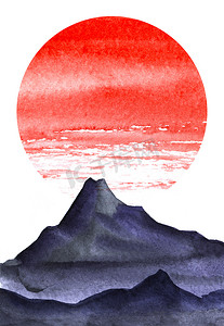 简约的景观。高山的黑暗剪影。明亮的红色太阳圈。在白色背景上手绘水彩插图.