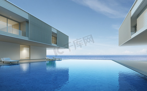现代豪华建筑的视角，有木质露台和海景游泳池，家庭度假理念。3d 渲染.