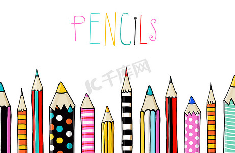 一套十彩色的铅笔在素描中的白色背景上有趣的彩色铅笔 style.line。回到学校。铅笔的背景。模板、 颜色、 书、 问候、 学校、 大学、 色，空白,  ,