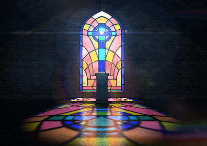 昏暗书架摄影照片_彩色玻璃窗口教会