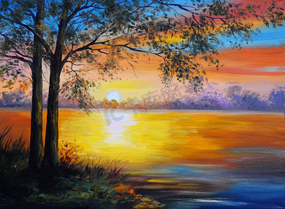 油画风景-湖附近的树