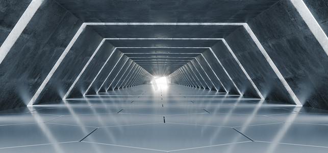 现代未来科幻长空混凝土三角形走廊, 带日光和六角反射地板发光末端墙纸背景3d 渲染插图