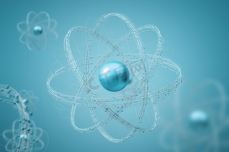 青色抽象原子核模型在蓝色背景下与更小的原子模型对此。科学和研究的概念。3d 渲染模拟