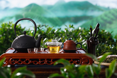 中国装饰元素摄影照片_茶园里摆放的茶具