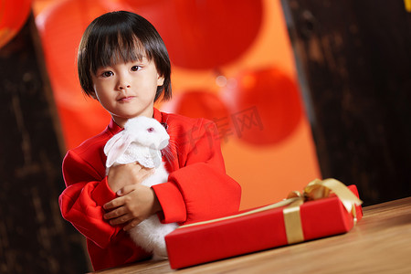 小礼物图片摄影照片_可爱的小男孩收到新年礼物小兔子