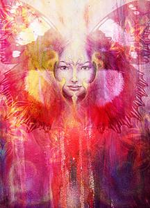 绘画的女神美女与鸟凤凰观赏曼荼罗和蝴蝶翅膀和色彩抽象背景与眼睛接触，你脸上复制空间.