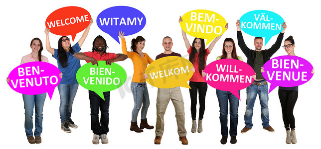 Refugees welcome in different languages group of young multi eth