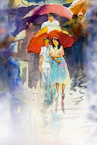雨天-多彩的水彩画，人们在街上散步，男人，女人，恋人在明亮的雨季带着红色的雨伞。手绘笔画画图.