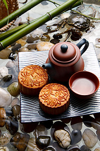 静物月饼螃蟹茶具