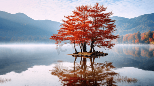 秋天湖水远山风景