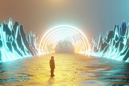 一个人，一个宇航员，站在一个外星行星的表面，看着一圈霓虹灯。在梦幻般的风景背景下剪影。3d 渲染.