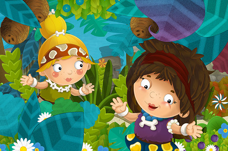 卡通场景与穴居人野蛮的战士妇女在丛林插图为孩子们