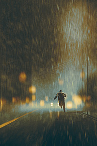 男人在雨夜中运行