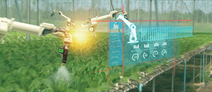 物智能工业机器人4.0 农业概念, 农艺师, 农民使用智能眼镜 (增强混合虚拟现实, 人工智能技术) 监测自主机器人 