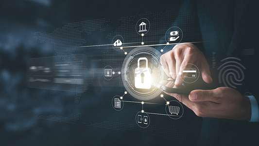 网络安全概念全球网络安全技术，商界人士保护个人资料。虚拟接口上带有键图标的加密.