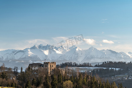 Beautiful landscape with Czorsztyn castle and view of the Tatra 