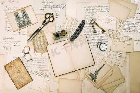 古董配件，巴黎明信片，旧信