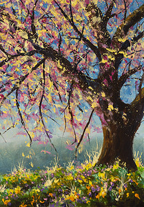 莫奈摄影照片_莫奈在草地上画着盛开的樱桃树，花草斑斓，背景是蓝天群山紧紧抓住印象派的风景