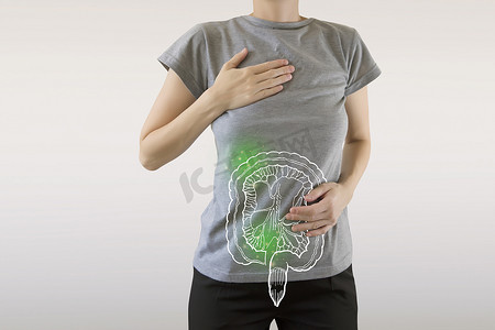 受感染肠道的复合图像在妇女身上突出绿色
