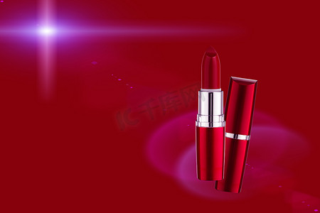 Creative advertising photo of lipstick on a background with neon light. Product photography. Copy space