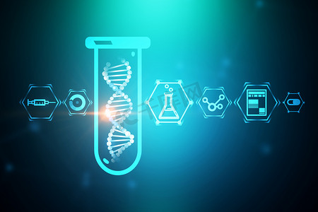 白色 dna 螺旋在试管在蓝色绿色背景与科学和医学图标。生物技术、生物学、医学和科学概念。3d 渲染模拟色调图像