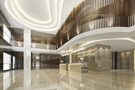 餐厅摄影照片_3D展示豪华酒店大堂入口及设有楼梯的大堂餐厅