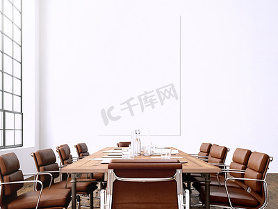 照片内部现代会议室，带全景窗户。墙上的空白白色画布和当代会议罗马的通用设计扶手椅。水平模型。3d 渲染