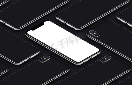 手机应用ui摄影照片_类似于 iphone X 透视等轴测智能手机模型模式正面和背面黑色海报