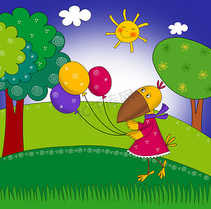 人物儿童插画摄影照片_小乌鸦与气球