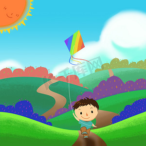 一个孩子在五颜六色的田野里跑着, 飞着风筝。逼真的神奇卡通风格壁纸, 场景, 背景, 卡片设计。插图