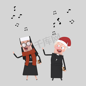 修女和神父唱歌3维插图